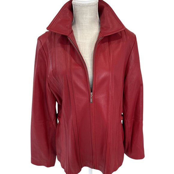 LNR Womens Red Leather Jacket With Zipper Front & High Collar XL - Picture 1 of 14